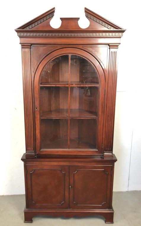Georgian style mahogany corner cabinet: 75 1/2"h x 34"w x 17 3/4"d Condition, some scratches and scuffs, missing escutcheon