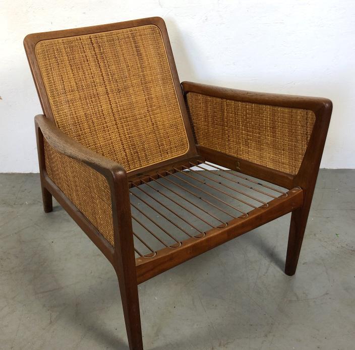 John Stuart mahogany and rattan armchair: 27 1/2"h x 26"w x 31"d Condition, missing cushion, worn finish, old repairs, scratches and scuffs