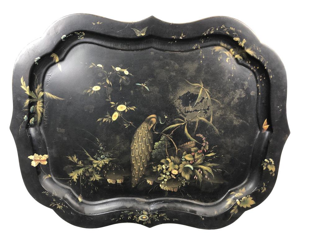 Floral and bird decorated papier mache tray: 19th Century 32 1/4" w 25 1/2"d Condition, some crazing and wear to finish