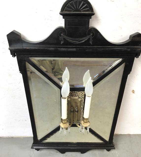 Ebonized and mirrored wall sconce: 32"h x 18 3/4"w Condition, untested, some scratches