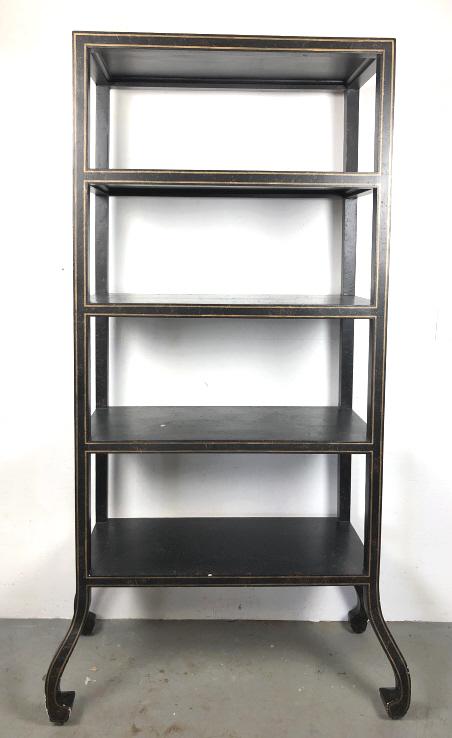 Black and gold painter etegere: 85 1/4"h x 47 1/2"w x 21 1/2"d Condition, old repair to one leg, scratches and chips