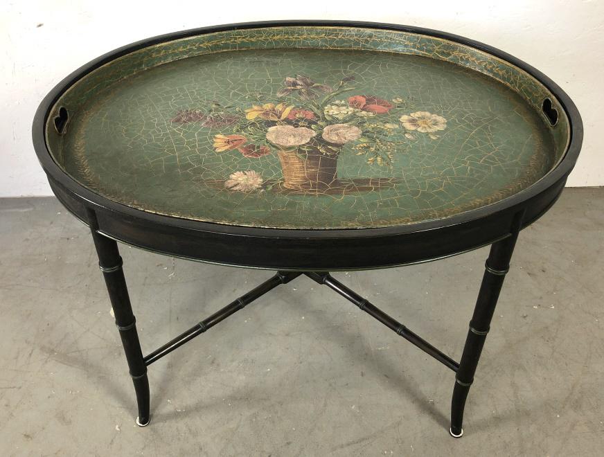 Green tole metal tray on stand (1 of 4)