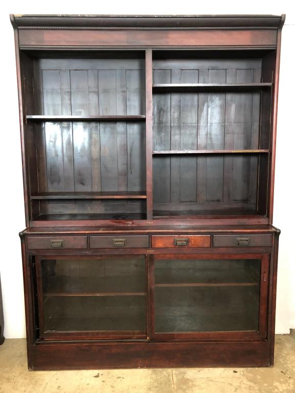 Store apothecary cabinet: Manufactured by Good Fixtures, W. B. McLean MFG. Co. 100"h x 72"w x 18 1/4"d Condition, scratches, scuffs, cracked glass, overall wear, chipped wood on crown