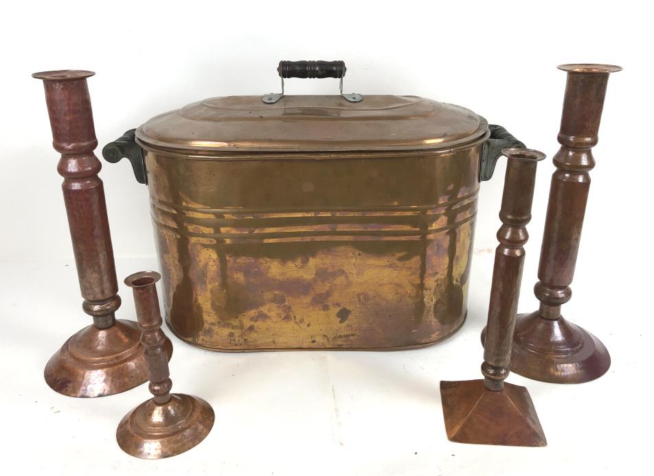 Copper lidded pot together with 4 candlesticks (1 of 6)