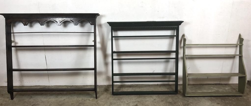 Group of 3 hanging shelves: Including 19th Century oak example Largest 42 3/4"h x 46 3/4"w x 6"d Condition, some cracks, worn finish