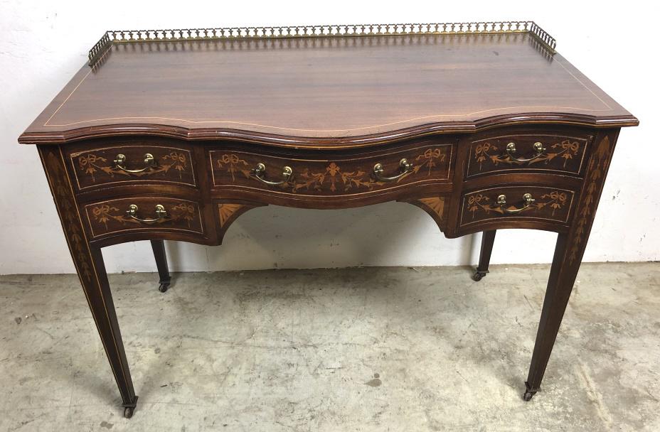 Edwardian inlaid lady's writing desk: 31"h x 42 3/4"w x 22 1/4"d Condition, some cracks, chipped veneer, scratches and dings