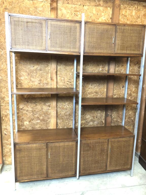 Mid Century Modern bookcase: 85"h x 66"w x 16" d Condition, overall wear, some broken rattan