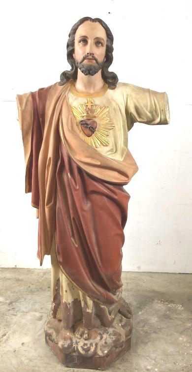 Plaster statue of Jesus: 64"h x 27"w x19"d Condition, missing arms, chips, paint loss