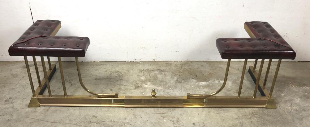 Brass and leather club fender: 18"h x 51 1/2"w x 16 1/2"d Fully extended 64 1/2"w Condition, needs polishing, some scratches and scuffs