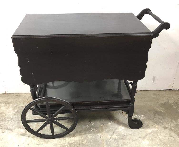 Mahogany drinks cart: 28"h 32 1/4"w x 37 1/2"d Condition, some scratches and dings, some missing rubber on wheels