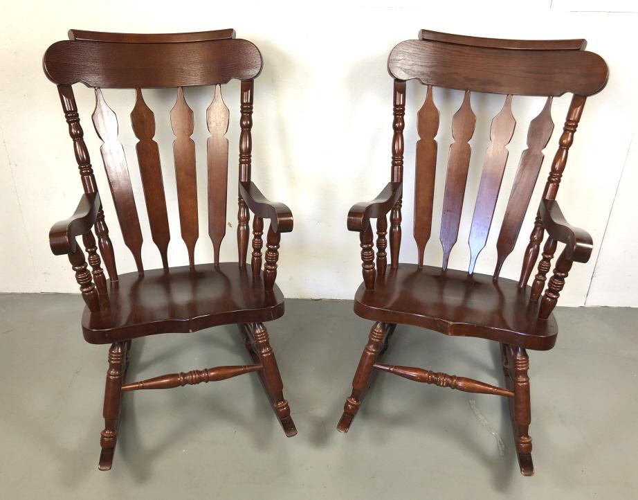 Pair of hardwood rocking chairs: 46"h x 25"w x 32"d Condition, some scratches and scuffs