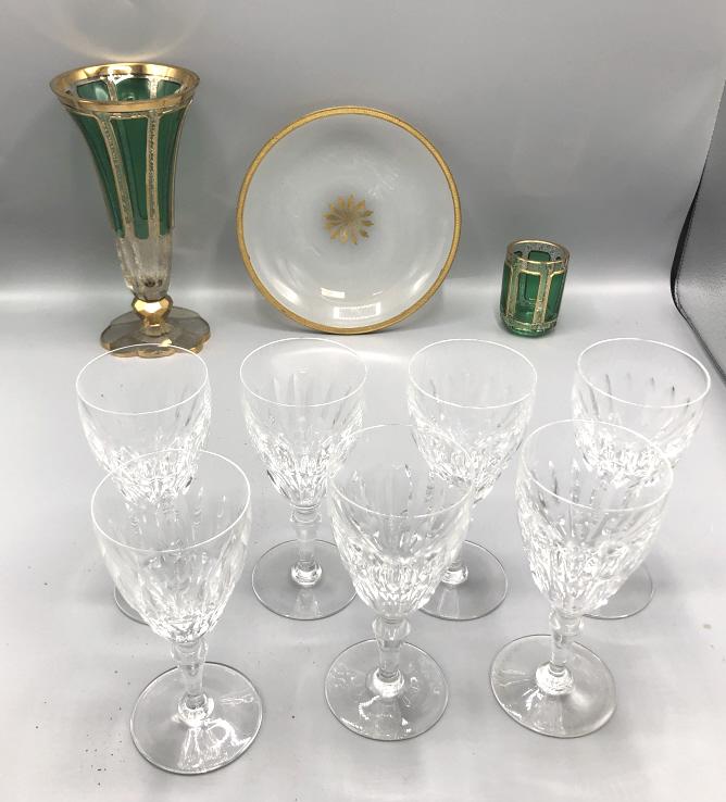 Group of 7 Baccarat glasses: Together with glass vase, tooth pick holder and opaline dish Baccarat glasses 6 1/2"h Condition, some minor chips to vase