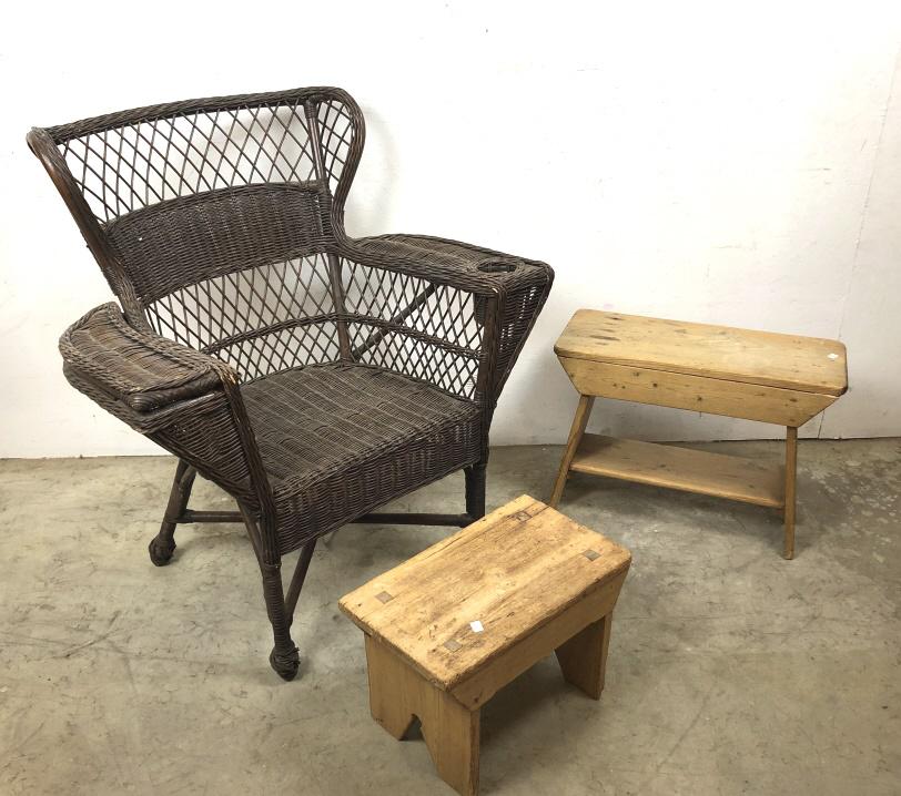 Wicker armchair together with two pine stools (1 of 3)