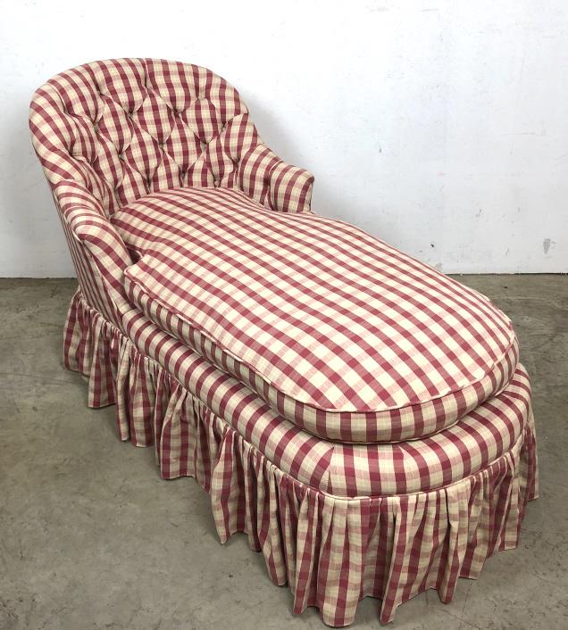 Upholstered chaise lounge: 34 1/4"h h x 57"w x 30"d Condition, some scratches and scuff to legs