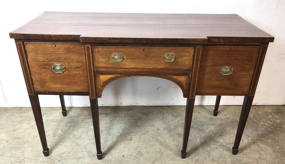 Mahogany and inlaid sideboard: 19th Century 37 1/4"h x 59 1/2"w x 25"d Condition, some old repairs, crack to top, cracked drawer bottom, scratches and scuffs