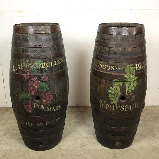 Pair of French wine barrels: With painted grape decoration. 45"h x 21" dia Condition, overall wear, scratches and dings