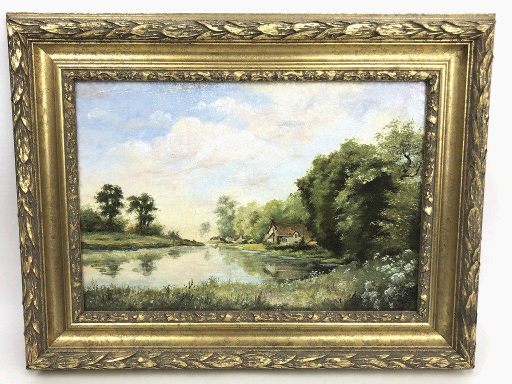 Country river scene: Oil on ceramic Sight 11 1/2"h x 16 3/4"w Condition, some crazing on ceramic tile