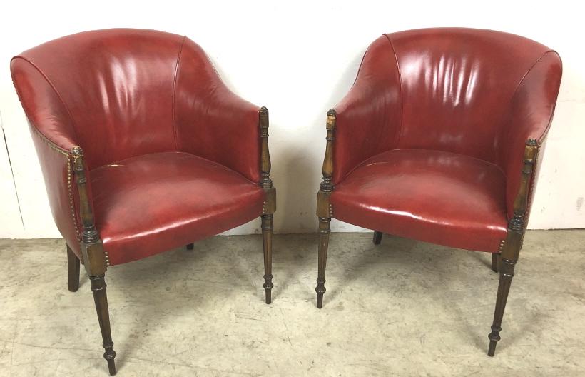 Pair of mahogany and red leather tub chairs: 33"h x 25"w x 19"d Condition,some rips and cracks in leather, chipped and scratched wood