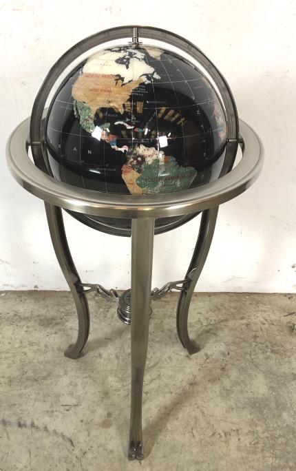 Globe on stand: With stone veneer, shell and inlaid metal 38 1/2"h 18" dia Condition, good