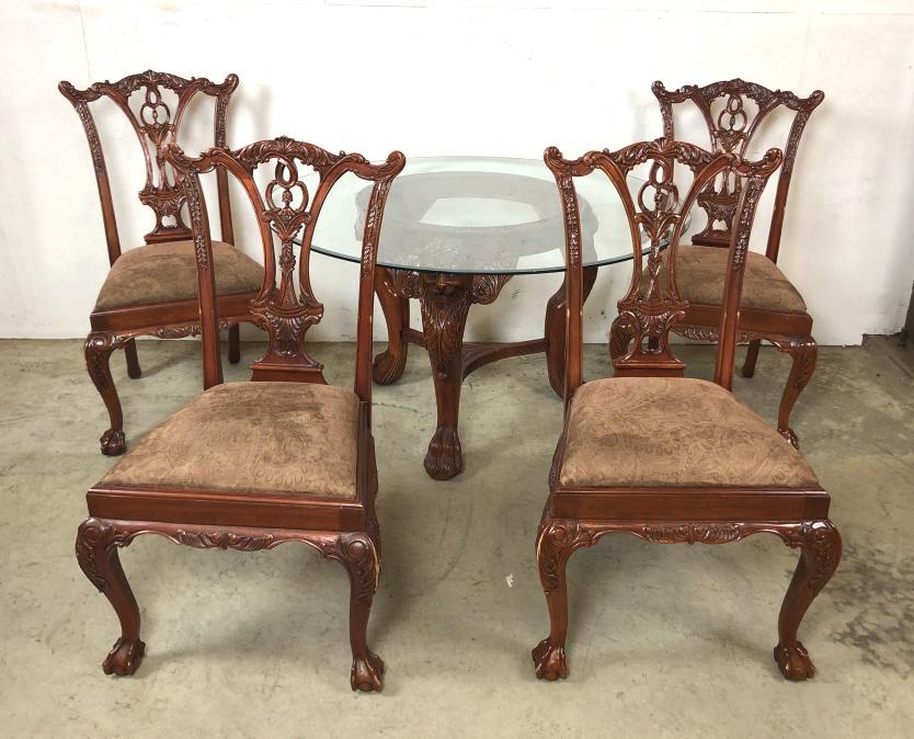 Georgian style mahogany dining table: With 4 side chairs Table 29"h x 48" dia Chairs 41"h x 24"w x 19"d Condition, scuffs and scratches, crack to stretcher of dining table