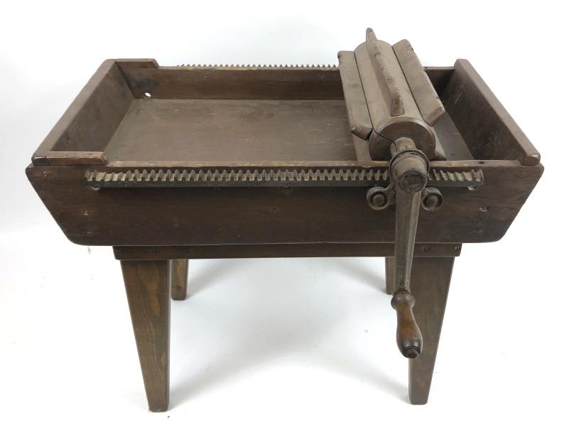 Wood dough tray end table: 25"h x 28 1/2"w x 24"d Condition, overall wear