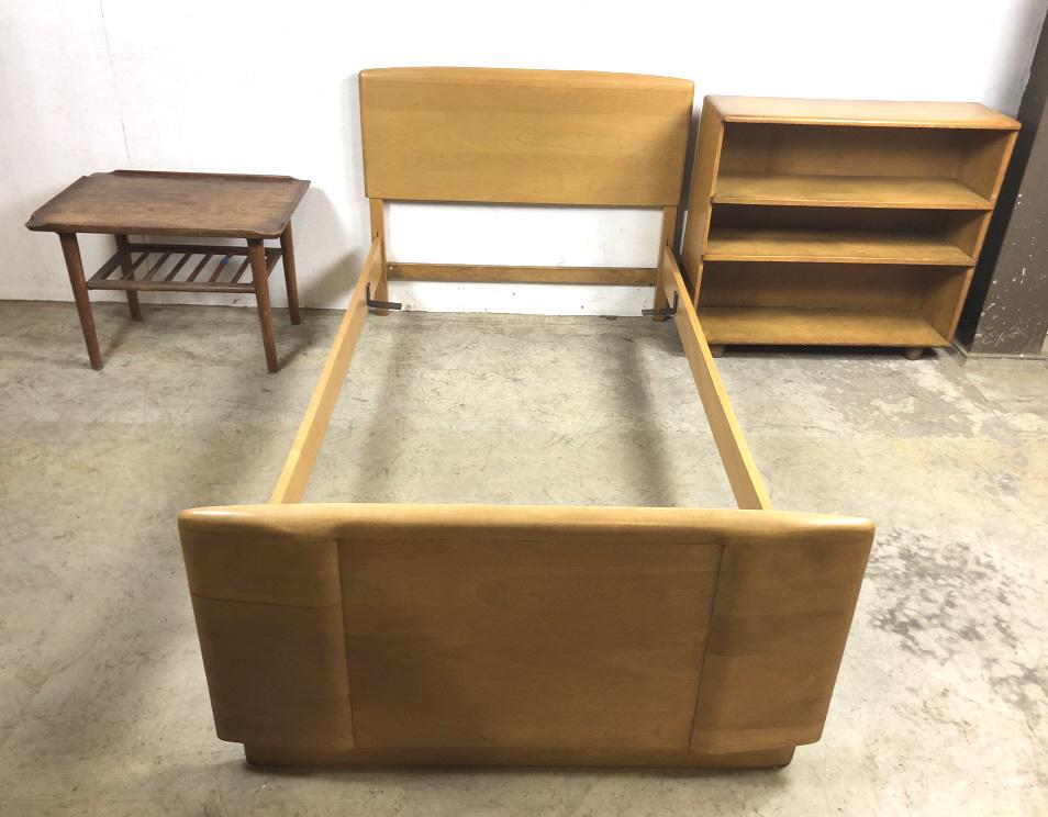 Haywood bed and bookcase: Together with mid Century modern style side table Bed 34 1/2"h x 32 1/2"l x 80"w overlall Mattress 30 3/4" w x 76"l Condition, wear to finish on bookcase, one