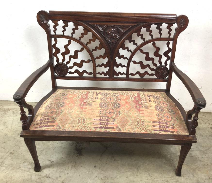 Art Nouveau style bench: 35 1/2"h x 39 3/4"w x 21 1/2"d Condition, some scratches and scuffs