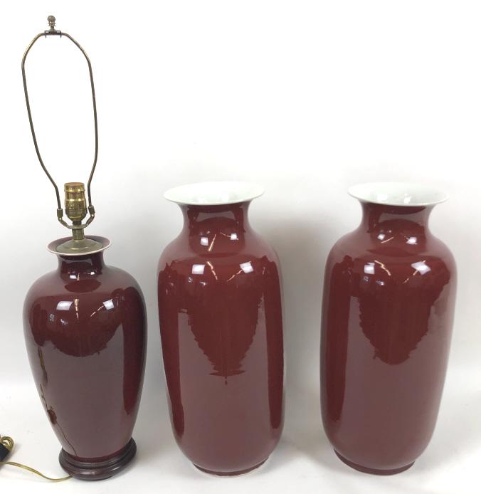 Pair of sang de boeuf vase and lamp: Vases 20"h x 9"dia Condition, lamp untested