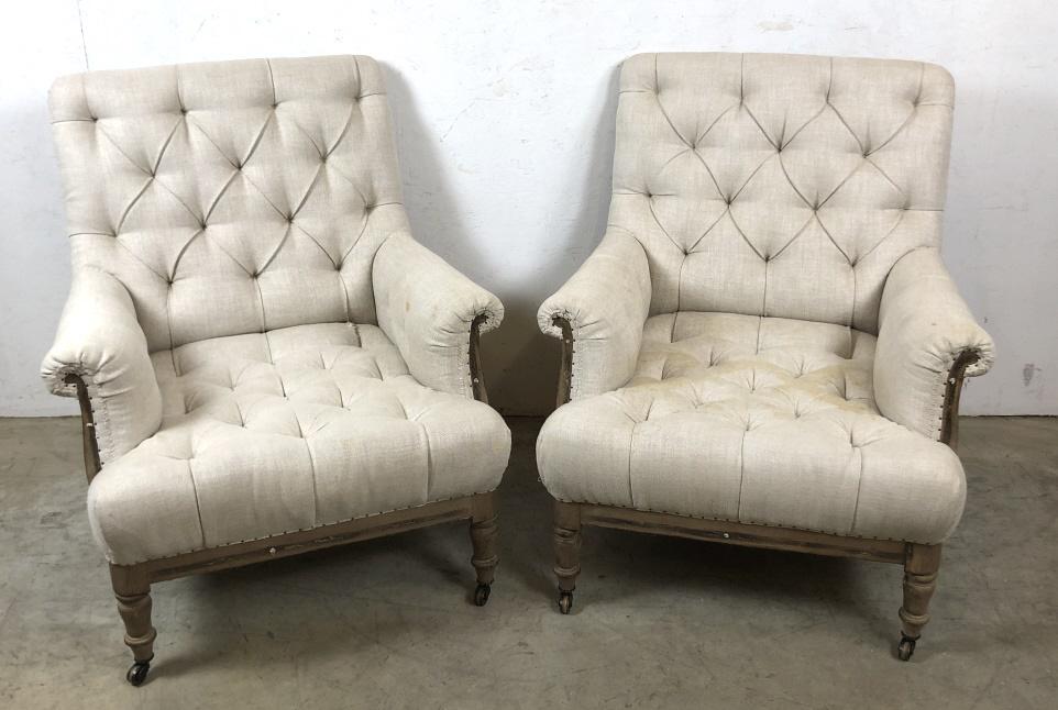 Pair of upholstered armchairs: 37 1/2"h x 29 1/2"w x 29 1/2"d Condition, some stains, rip in fabric