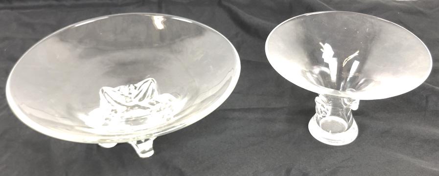 Steuben glass bowl: Together with Steuben style glass bowl Larger 5 3/4"h x 13" dia Condition, some minor chips to feet of bowl