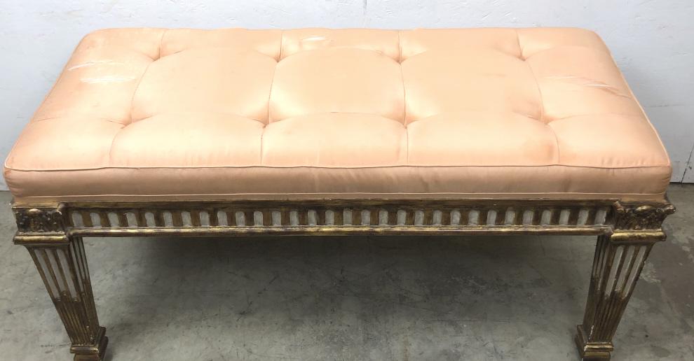 Louis XVI style giltwood bench: 19"h x 38 1/4"w x 17 1/2"d Condition, worn and ripped fabric. some chips and wear to finish