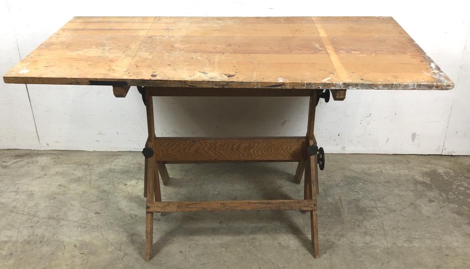 Drafting table: 34"h x 60"w x 30"d Adjustable Condition, overall wear, scratches, dings, paint