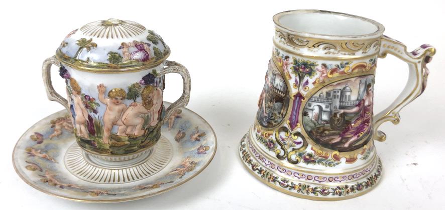 Capodimonte porcelain mug and lidded cup: Mug 4 3/4"x 5" dia Condition, finial missing from lid of cup