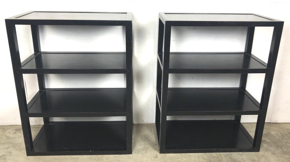 Pair of black lacquered shelves: 44 1/4"h x 34 1/4"w x 18"d Condition, some scratches and scuffs
