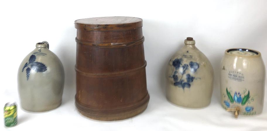 Two salt glazed jugs: Together with crock and wood firkin Largest, 22"h x 18" dia Condition, some cracks and chips