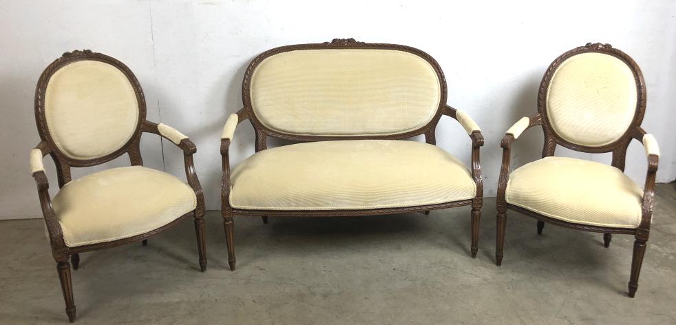 Louis XVI style 3 piece parlor set: Settee 38"'h x 47"'w x 23"d Condition, some pulled threads, scuffs and scratches