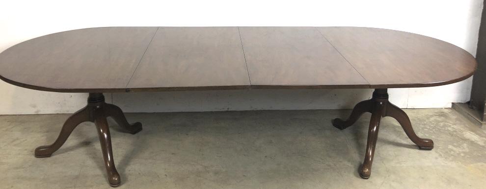 Kittinger twin pedestal mahogany dining table: Colonial Williamsburg, with two 24" leaves 28 1/2"h x 66 1/2"w x 48"d Condition, scratches, scuffs, chips