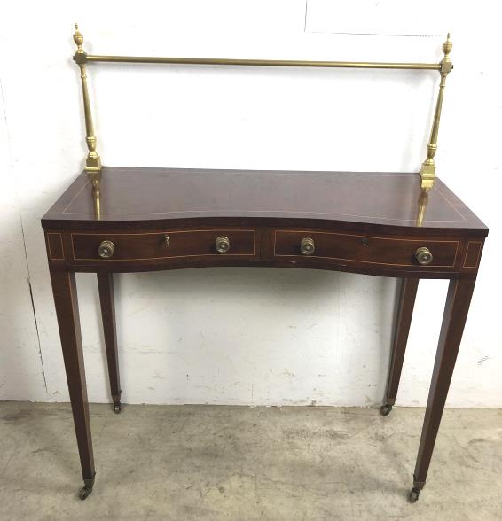 Sheraton style mahogany concave sideboard: With two silver drawers, and brass back rail 48 1/2"h 39"w x 16"d surface height 33 1/2" Condition, minor scratches, chips and scuffs