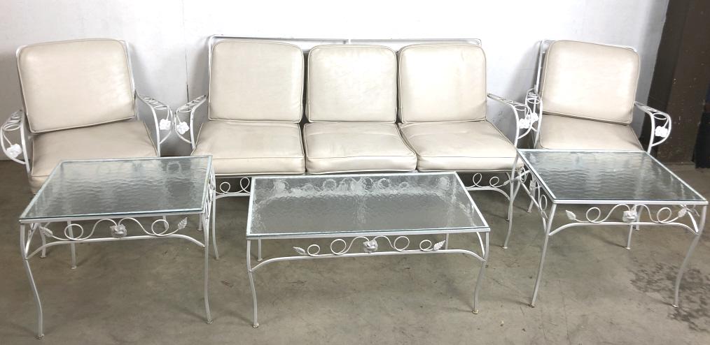 Wrought iron 6 piece patio set: Settee 31"h x 71 1/2"w x 31"d Condition, needs cleaning, some chipped paint