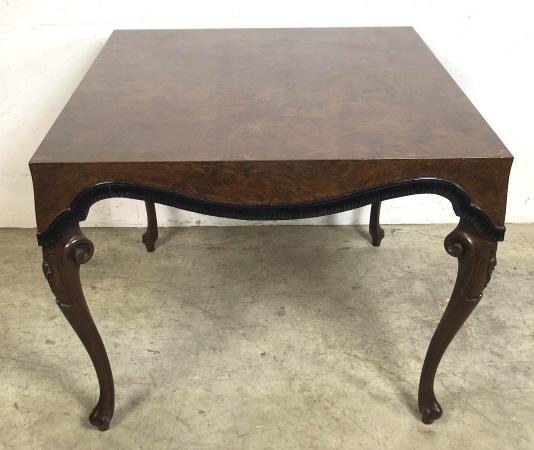 Italian olive wood card table: 29"h x 33 1/2" sq Condition, some scratches, dings and scuffs