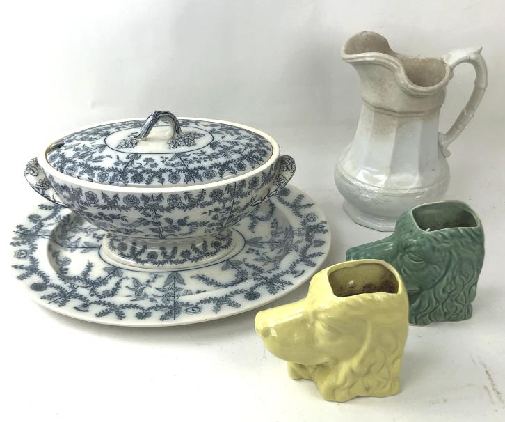Copland porcelain soup tureen: Together with porcelain pitcher, and two McCoy wall pockets Tureen 10'h x 19"w x 15"d Condition, tureen is cracked, old repair to pitcher