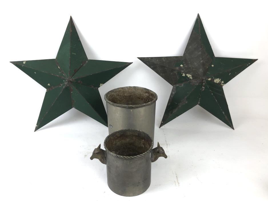 Pair of metal stars together with two wine coolers: Stars 23" dia Condition, old patina, paint loss, missing horns from handles