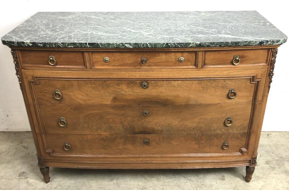 Louis XVI style mahogany and marble top commode: Bottom two drawers have been converted to file drawer 36 1/2"h x 52 3/4"w x 22 3/4"d Condition, some scratches and scuffs