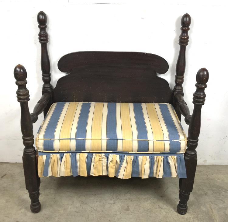 Four poster mahogany and upholstered bench: 46 1/2"h x 38 1/2"w x 20"d Condition, overall wear scratches and dings