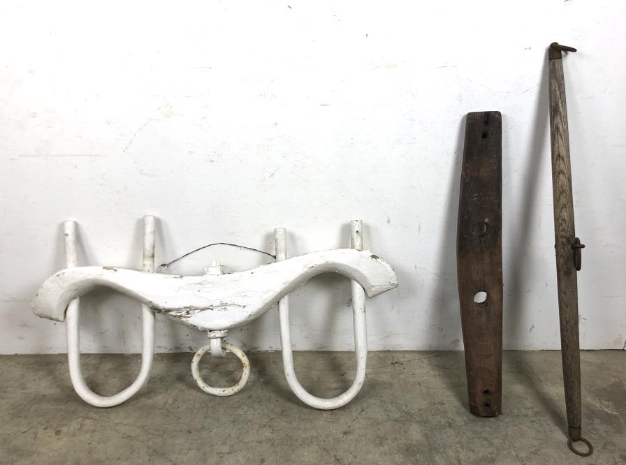 Ox yoke together with implement parts: Yoke 23"h x 44"w x 6 1/4"d Condition, overall wear, cracks