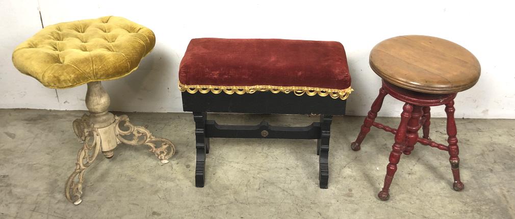 Group of 3 piano benches: White bench 21 1/2"h x 16" sq Condition, overall wear, cracks, old repairs