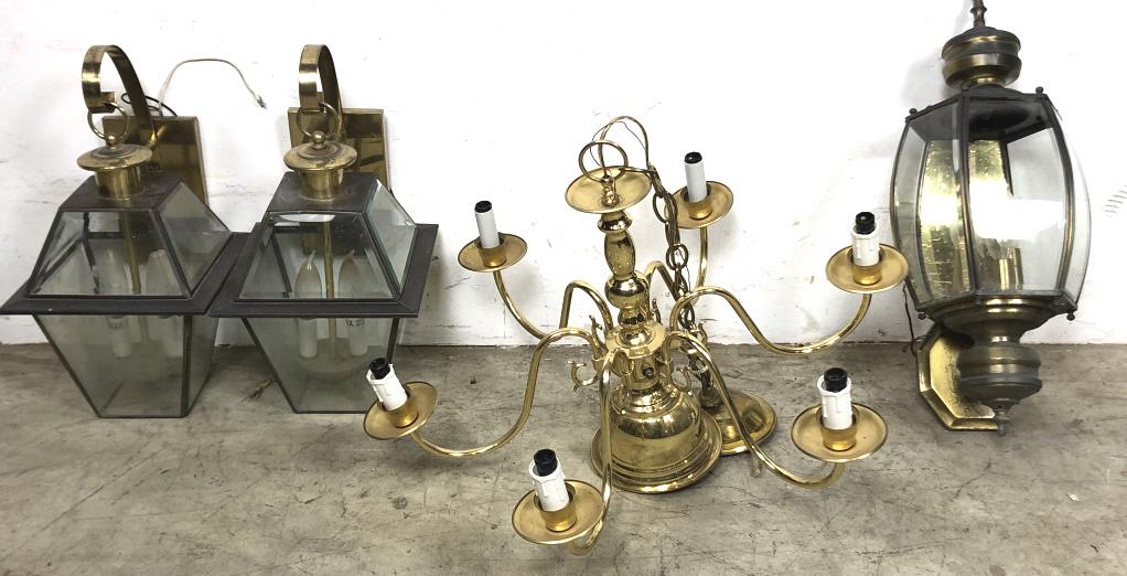 Chandelier and 3 sconces: Chandelier 16"h x 23 1/4"dia Condition, untested, overall wear