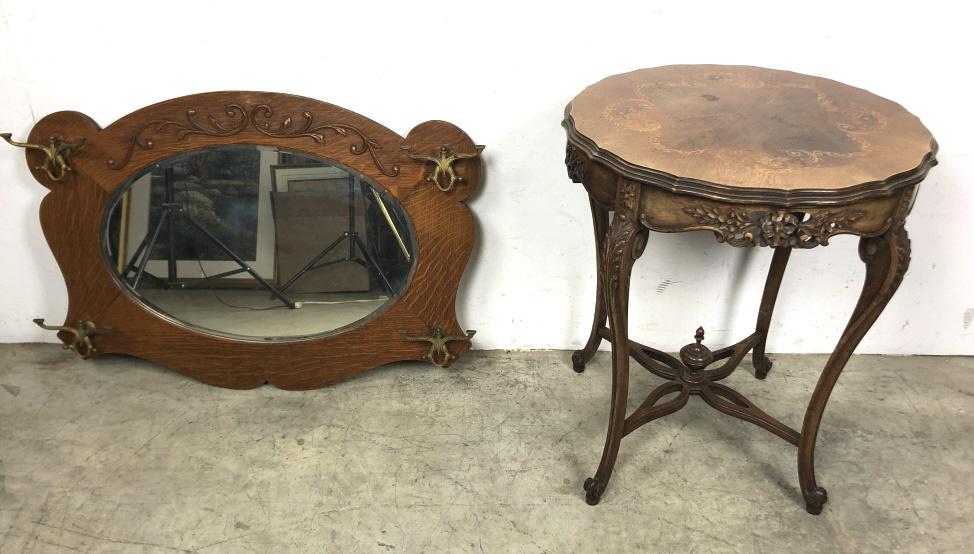 Inlaid mahogany side table: Together with oak mirror Table 30 1/4"h x 27" dia Condition, overall wear, worn finish, scuffs and scratches
