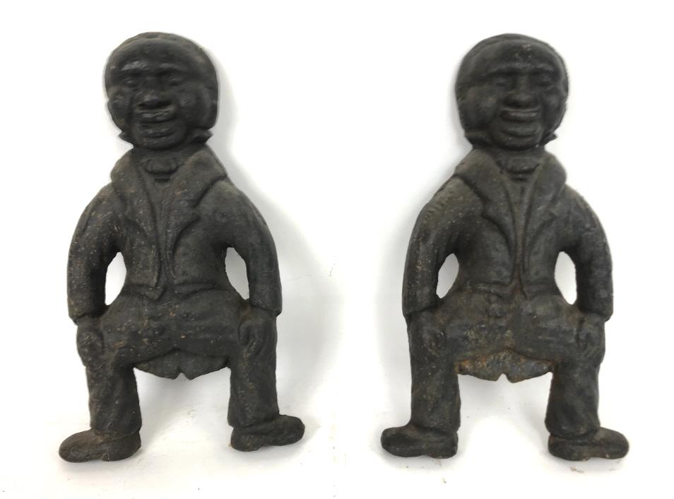 Pair of cast iron figural andirons: 16 1/2"h x 10"w Condition, overall wear, surface rust