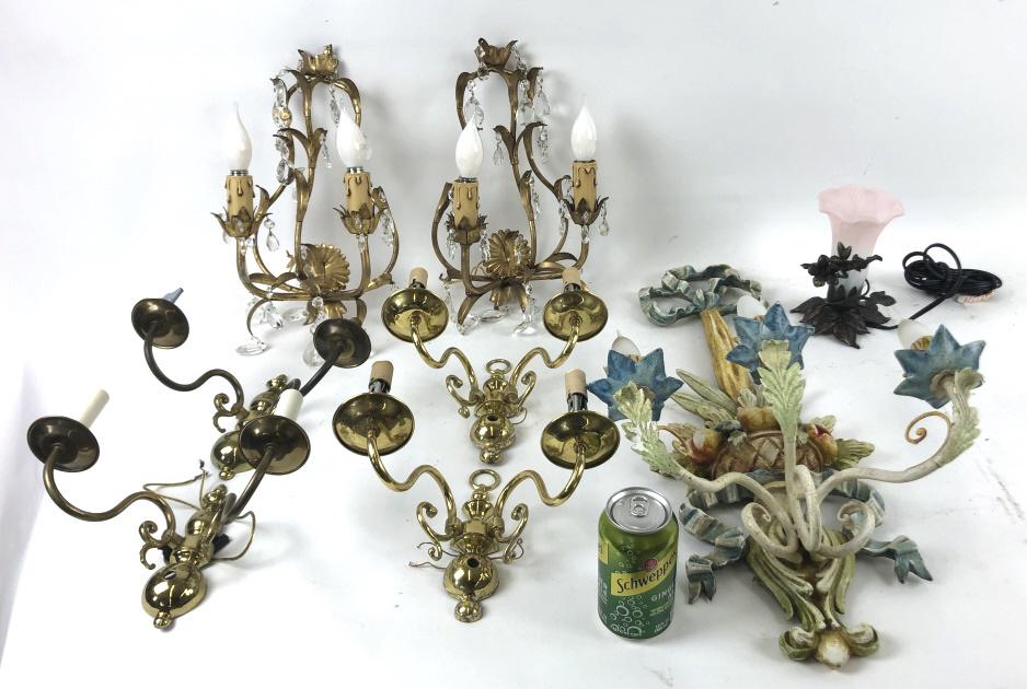 Group of seven sconces and lamp: Tallest 25 1/2" Condition, untested, missing some candle covers, one socket missing